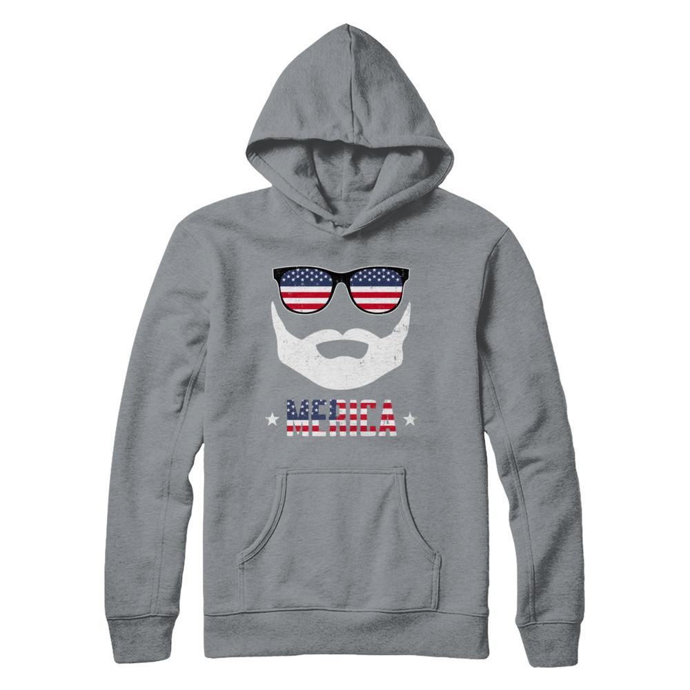 4th of July MERICA America Flag Mustache Dad Bearded-T-Shirt & Hoodie-Pullover Hoodie-Light Steel
