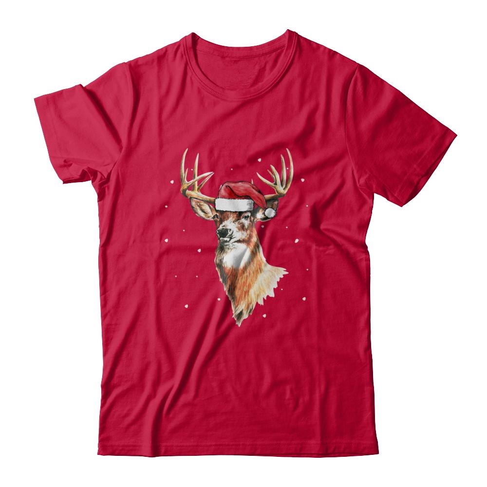 Christmas Pajama Deer With Santa Hat Hunting Hunter-T-Shirt & Sweatshirt-Classic T-Shirt-Red