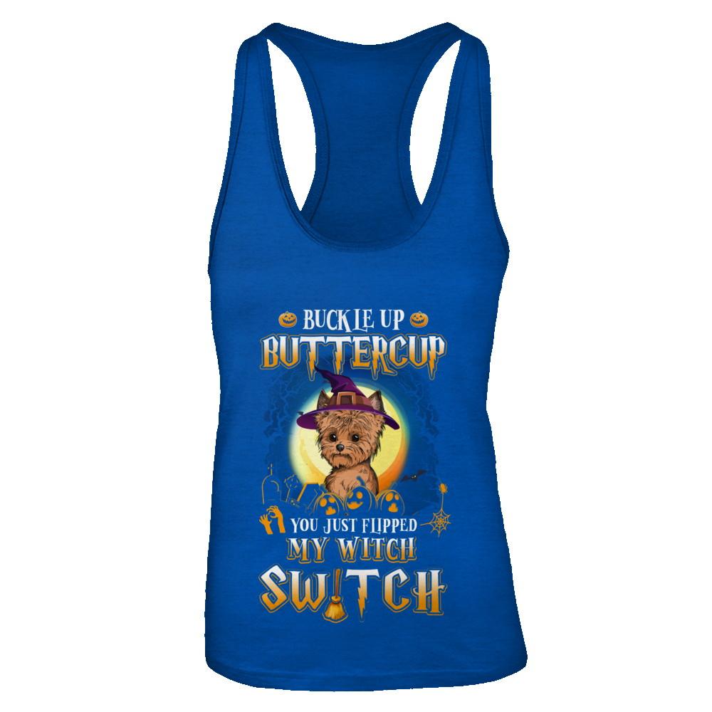 Buckle Up Buttercup Halloween Witch Yorkie Costume-T-Shirt & Tank Top-Women's Ideal Racerback Tank-Royal