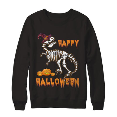 Funny Happy Halloween T-Rex Skeleton Dinosaur-T-Shirt & Sweatshirt-Crewneck Sweatshirt-Black