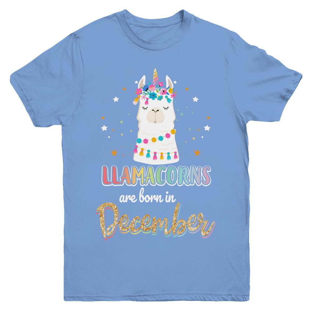Llama Unicorn Llamacorns Born In December Birthday Gift Youth-Youth Shirt-Youth T-Shirt-Carolina Blue