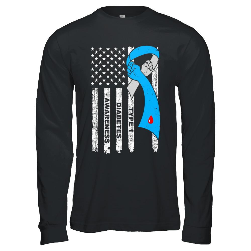 Type 1 Diabetes Awareness Support T1D Flag Ribbon-T-Shirt & Hoodie-Long Sleeve T-Shirt-Black