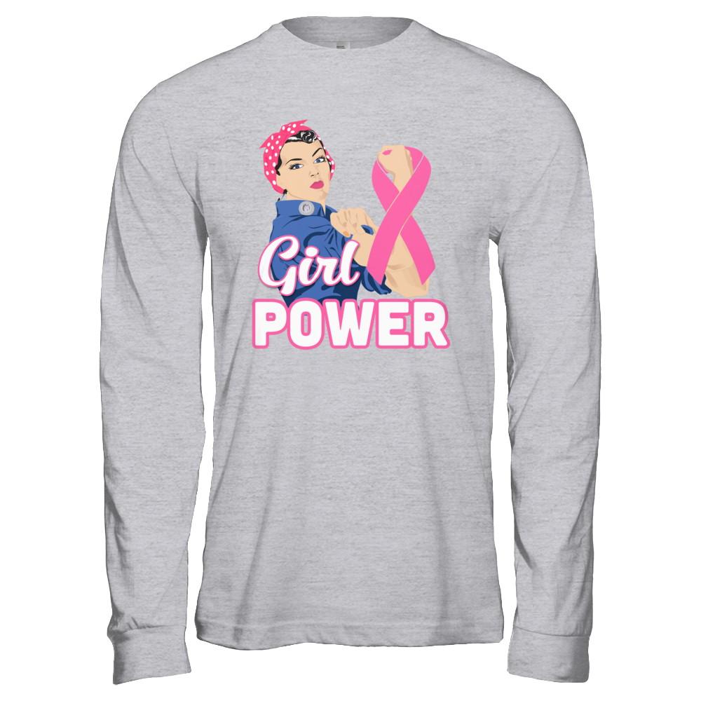 Girl Power Breast Cancer Awareness Month-T-Shirt & Hoodie-Long Sleeve T-Shirt-Sport Grey