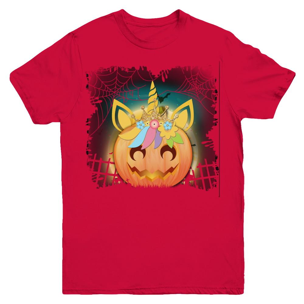 Kids Girls Unicorn Pumpkin Queen Halloween Youth-Youth Shirt-Youth T-Shirt-Red