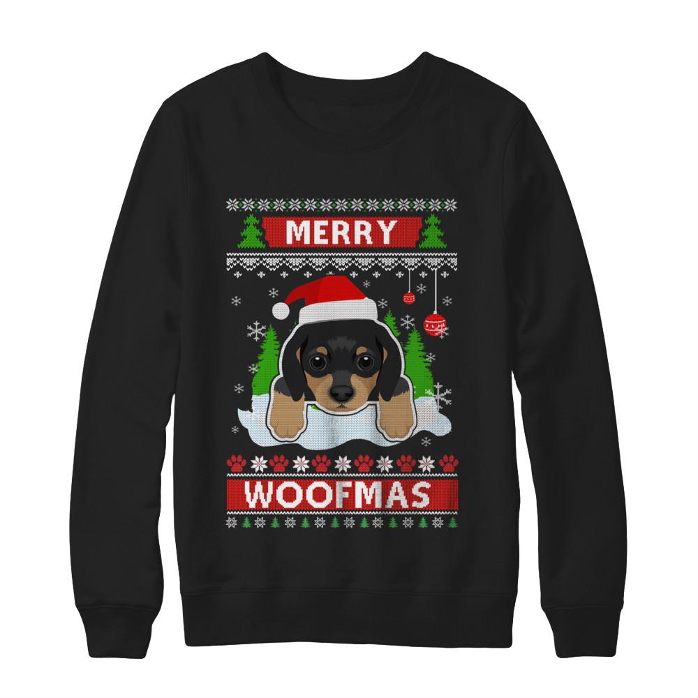 Dachshund Merry Woofmas Ugly Christmas Sweater-T-Shirt & Sweatshirt-Crewneck Sweatshirt-Black