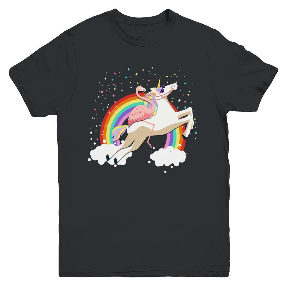 Flamingo Pink Bird Riding Unicorn Youth-Youth Shirt-Youth T-Shirt-Black