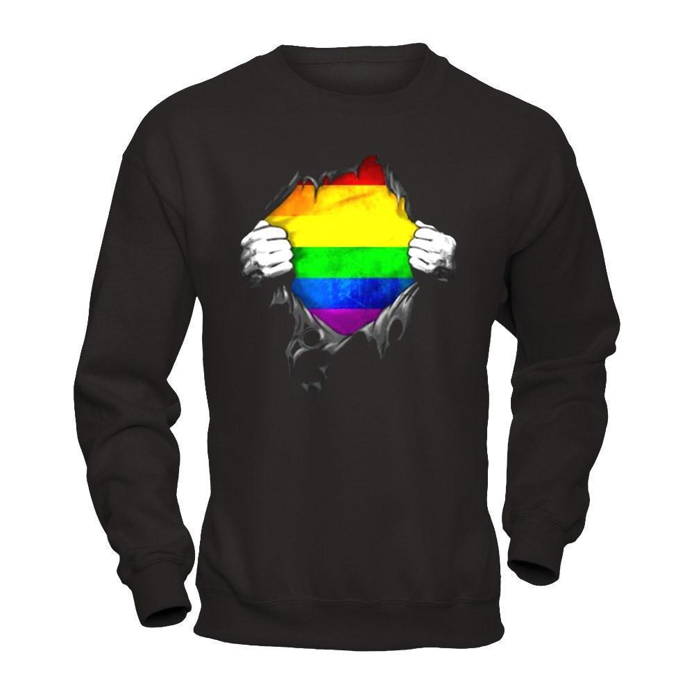 Rainbow Lesbian Gay Pride LGBT Super Stronger-T-Shirt & Hoodie-Crewneck Sweatshirt-Black