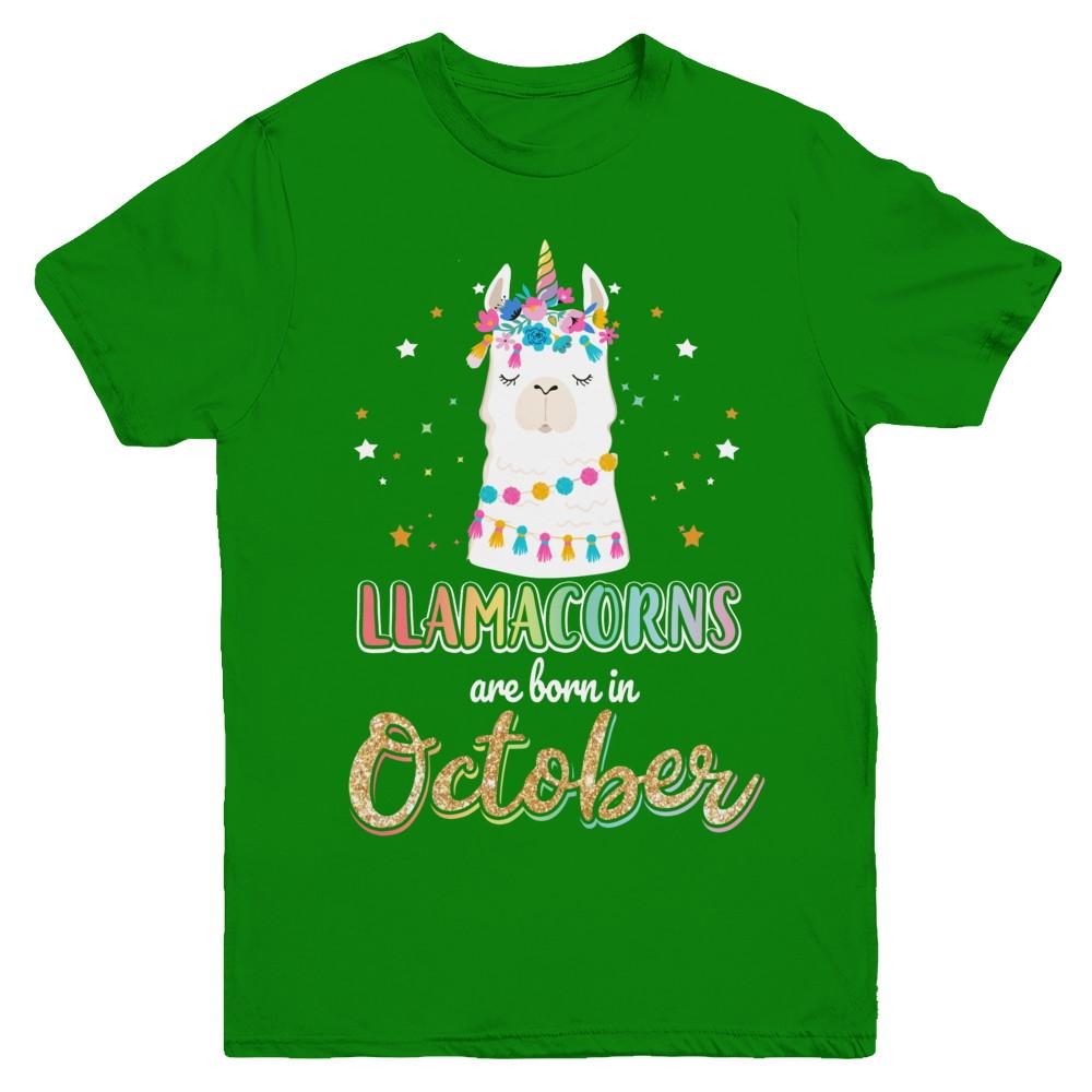 Llama Unicorn Llamacorns Born In October Birthday Gift Youth-Youth Shirt-Youth T-Shirt-Irish Green