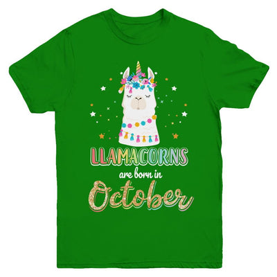 Llama Unicorn Llamacorns Born In October Birthday Gift Youth-Youth Shirt-Youth T-Shirt-Irish Green