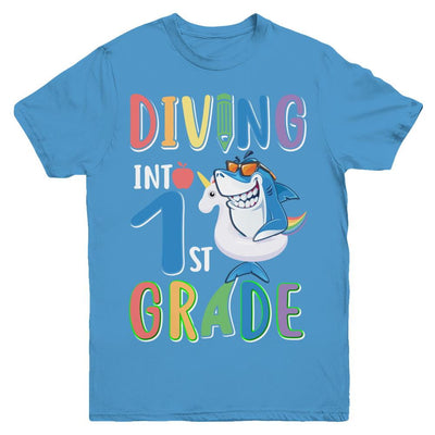 Diving Into 1st Grade Back To School Shark Youth-Youth Shirt-Youth T-Shirt-Carolina Blue