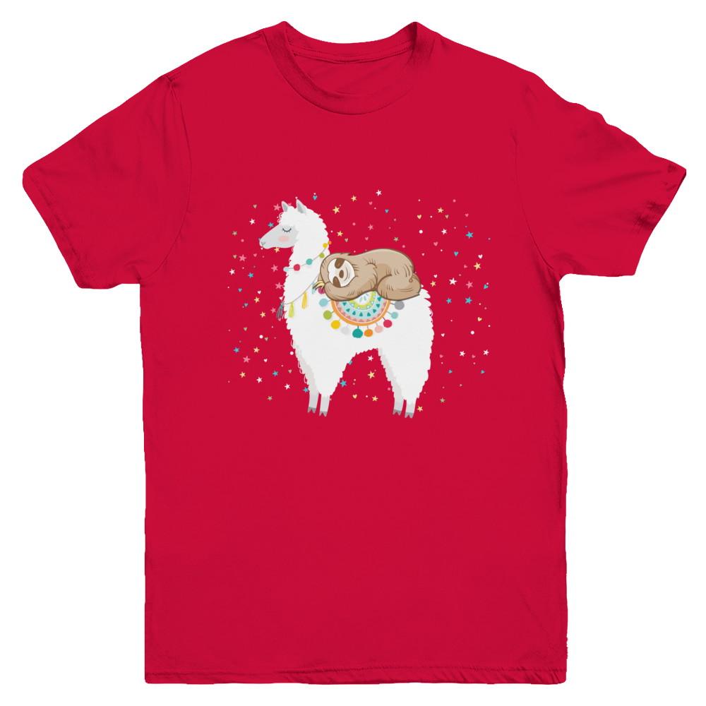 Funny Sloth Riding Llama Lover Youth-Youth Shirt-Youth T-Shirt-Red