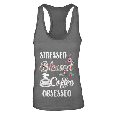 Stressed Blessed And Coffee Obsessed-T-Shirt & Tank Top-Women's Ideal Racerback Tank-Dark Grey