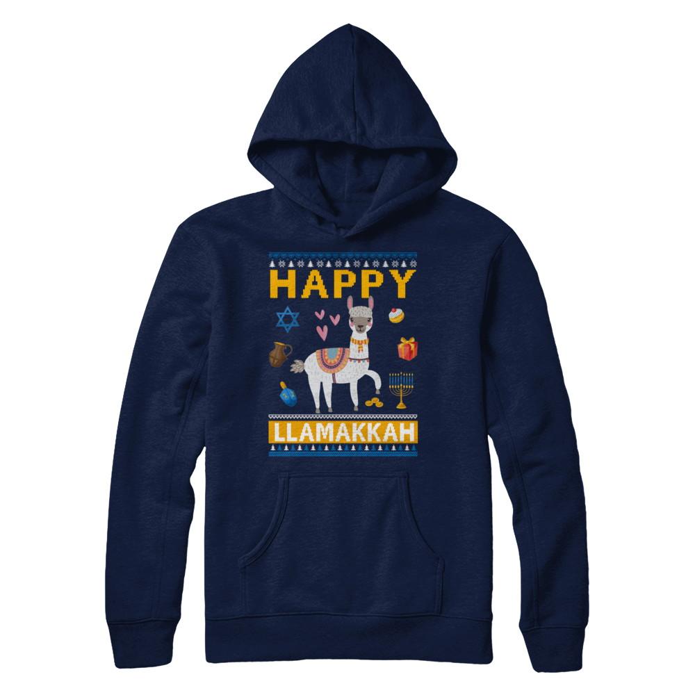 Happy Llama Llamakkah Hanukkah Ugly Sweater-T-Shirt & Sweatshirt-Pullover Hoodie-Navy