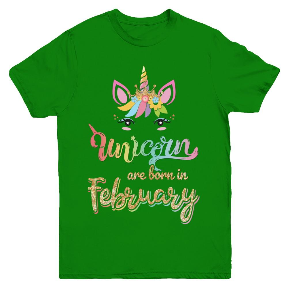 Cute Unicorns Are Born In February Birthday Gift Youth-Youth Shirt-Youth T-Shirt-Irish Green