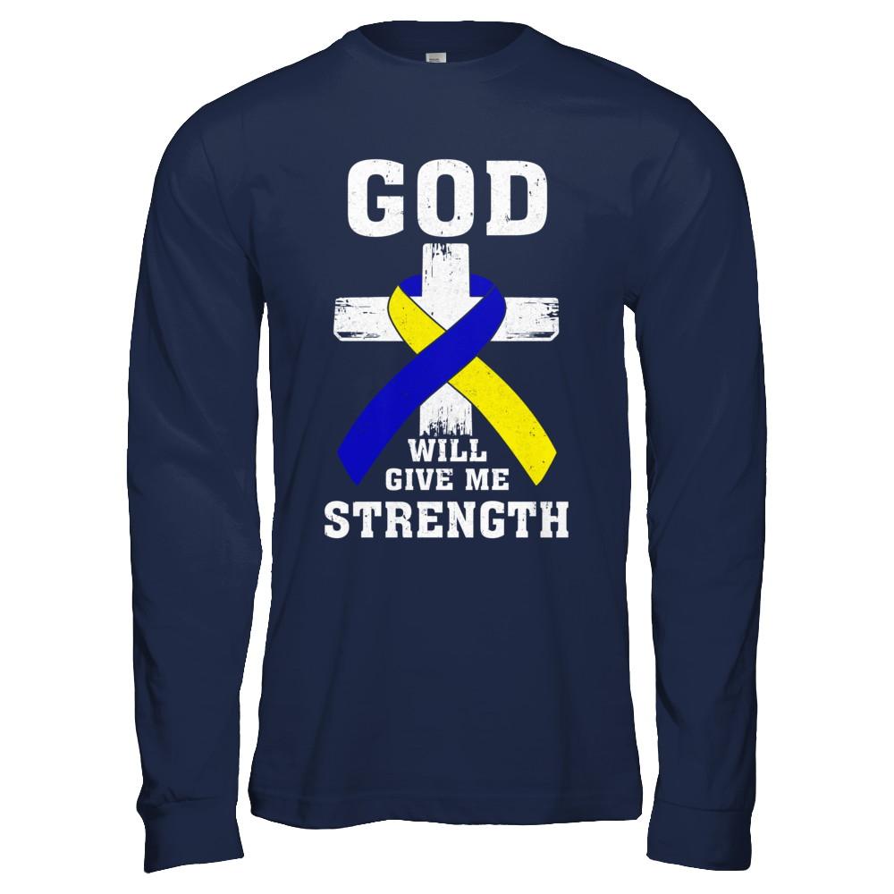God Will Give Me Strength Down Syndrome Ribbon Gift-T-Shirt & Hoodie-Long Sleeve T-Shirt-Navy
