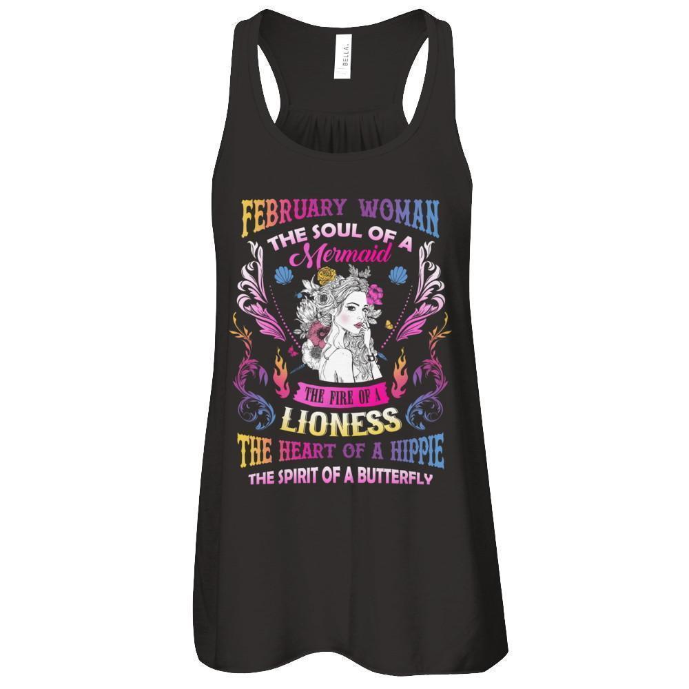 February Woman The Soul Of A Mermaid Birthday-T-Shirt & Tank Top-Women's Flowy Racerback Tank-Black