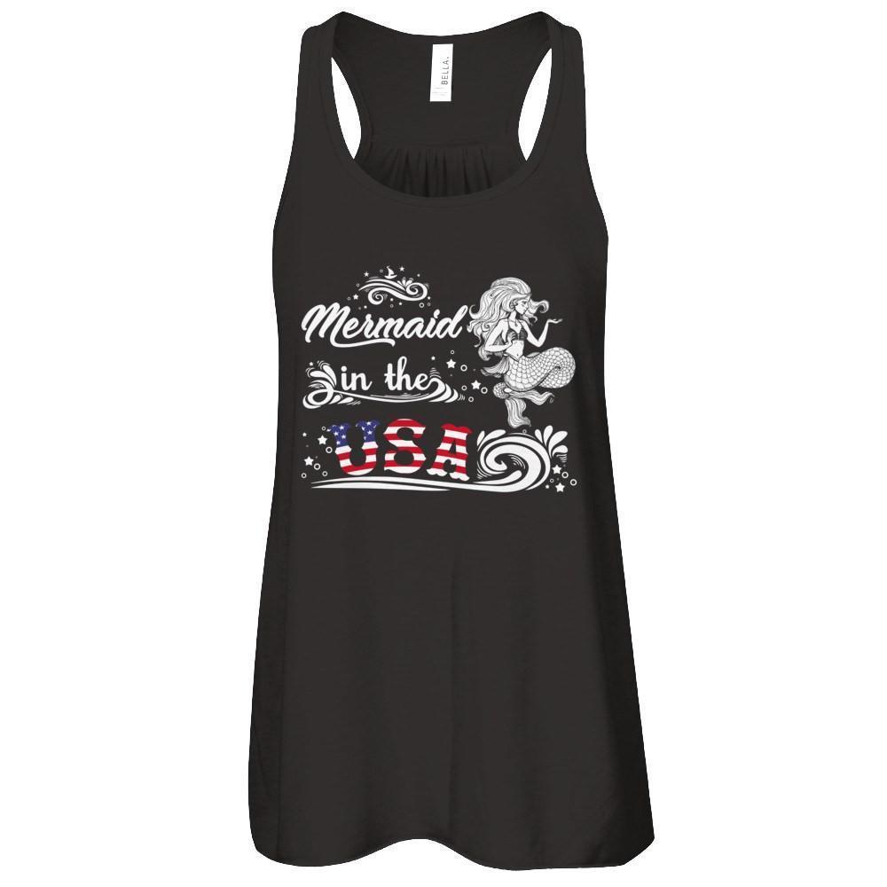 Mermaid In The Usa Flag-T-Shirt & Tank Top-Women's Flowy Racerback Tank-Black