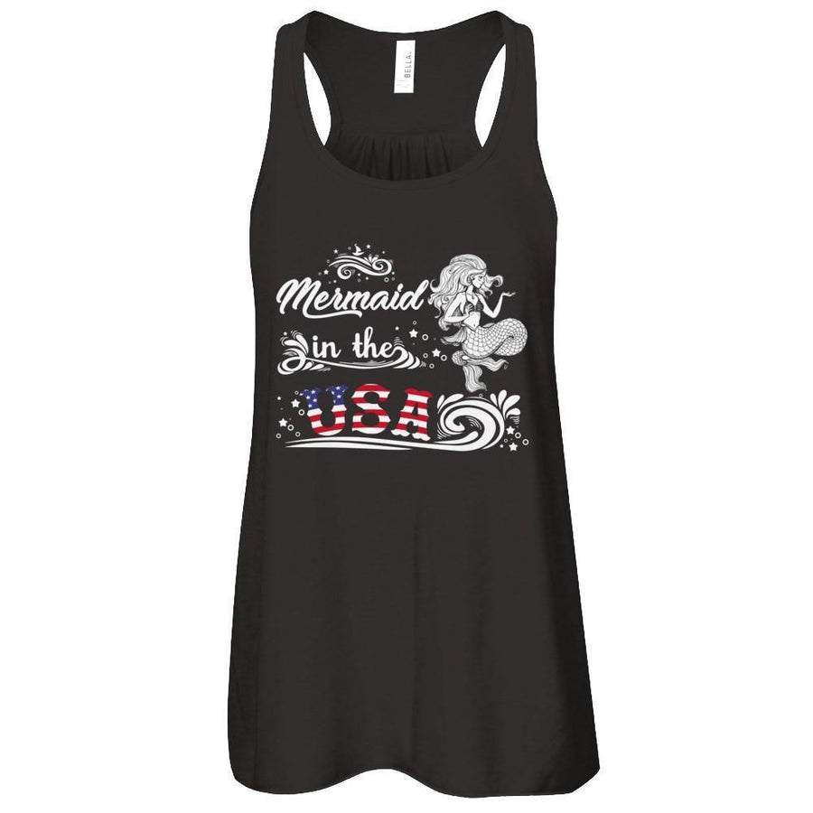Mermaid In The Usa Flag-T-Shirt & Tank Top-Women's Flowy Racerback Tank-Black