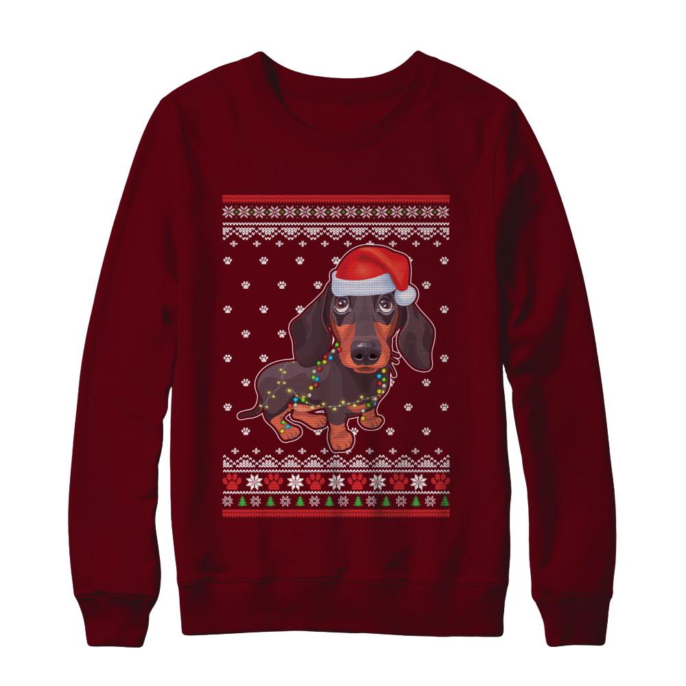 Dachshund Christmas Ugly Sweater Lights Dog Xmas Gift-T-Shirt & Sweatshirt-Crewneck Sweatshirt-Maroon