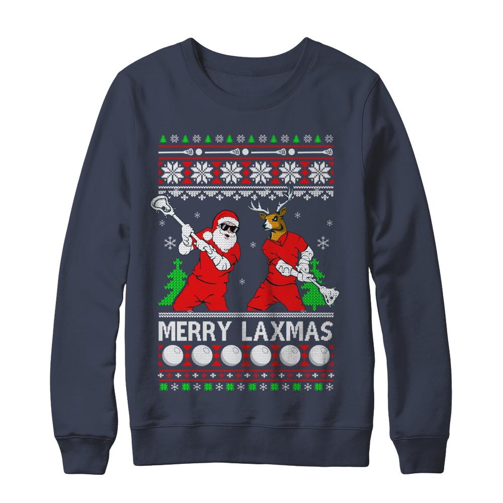 Lacrosse Santa Reindeer Merry Laxmas Ugly Christmas Sweater-T-Shirt & Sweatshirt-Crewneck Sweatshirt-Navy