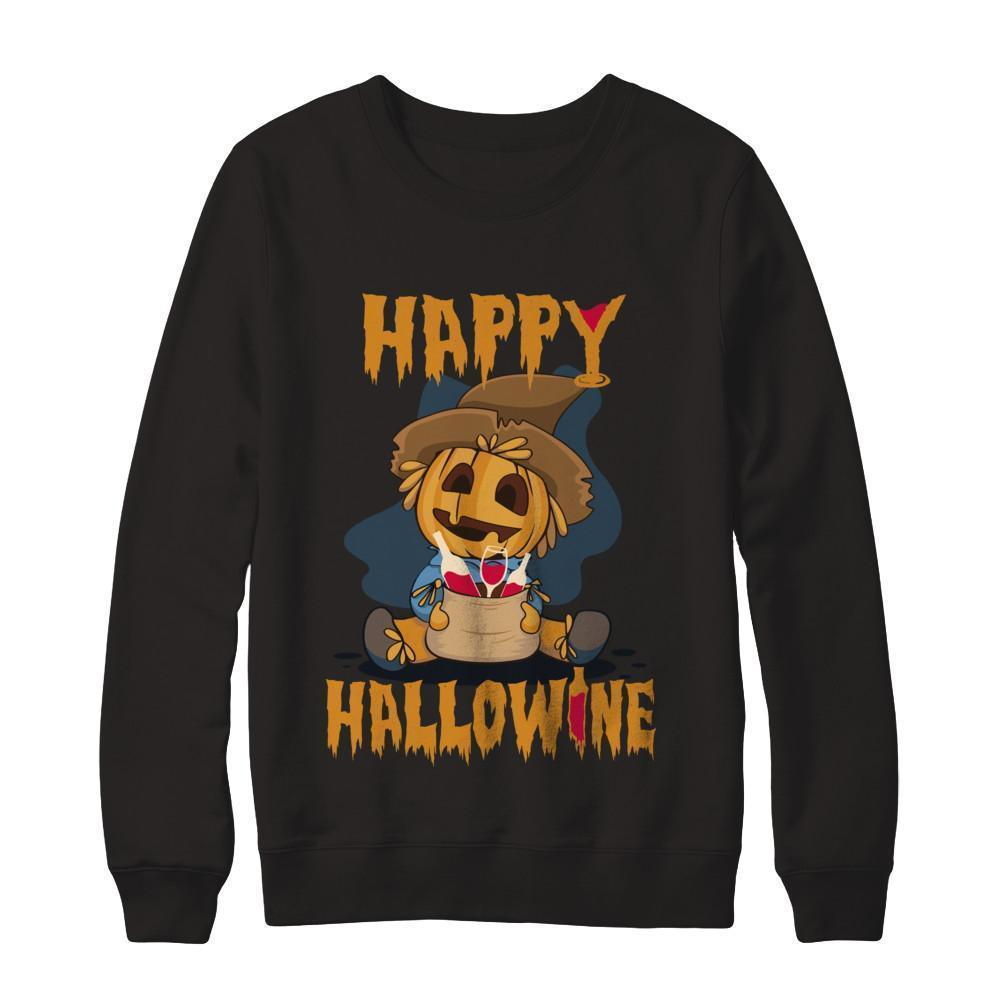 Halloween Happy Hallowine For Wine Straw Man Pumpkin-T-Shirt & Sweatshirt-Crewneck Sweatshirt-Black