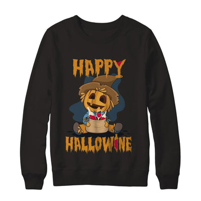 Halloween Happy Hallowine For Wine Straw Man Pumpkin-T-Shirt & Sweatshirt-Crewneck Sweatshirt-Black