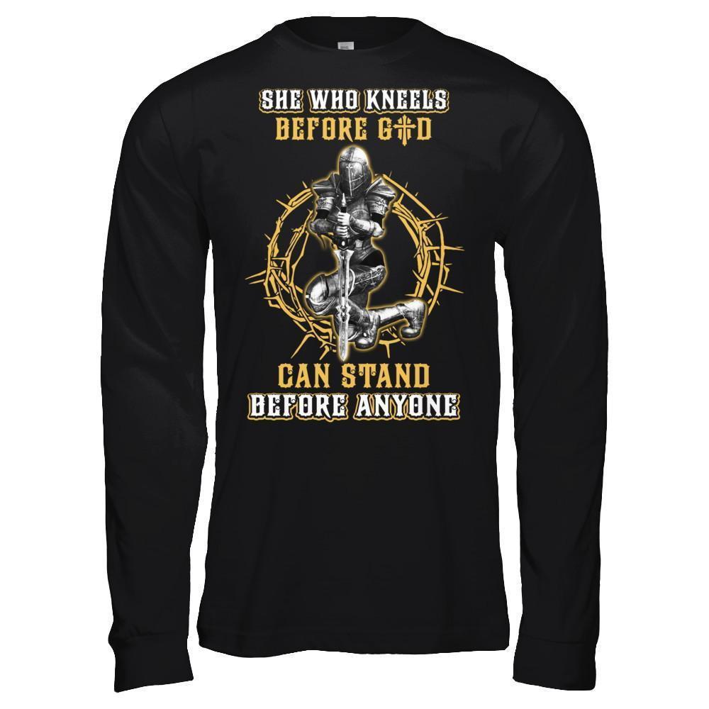 Knight Templar She Who Kneels Before God Can Stand Before Anyone-T-Shirt & Hoodie-Long Sleeve T-Shirt-Black