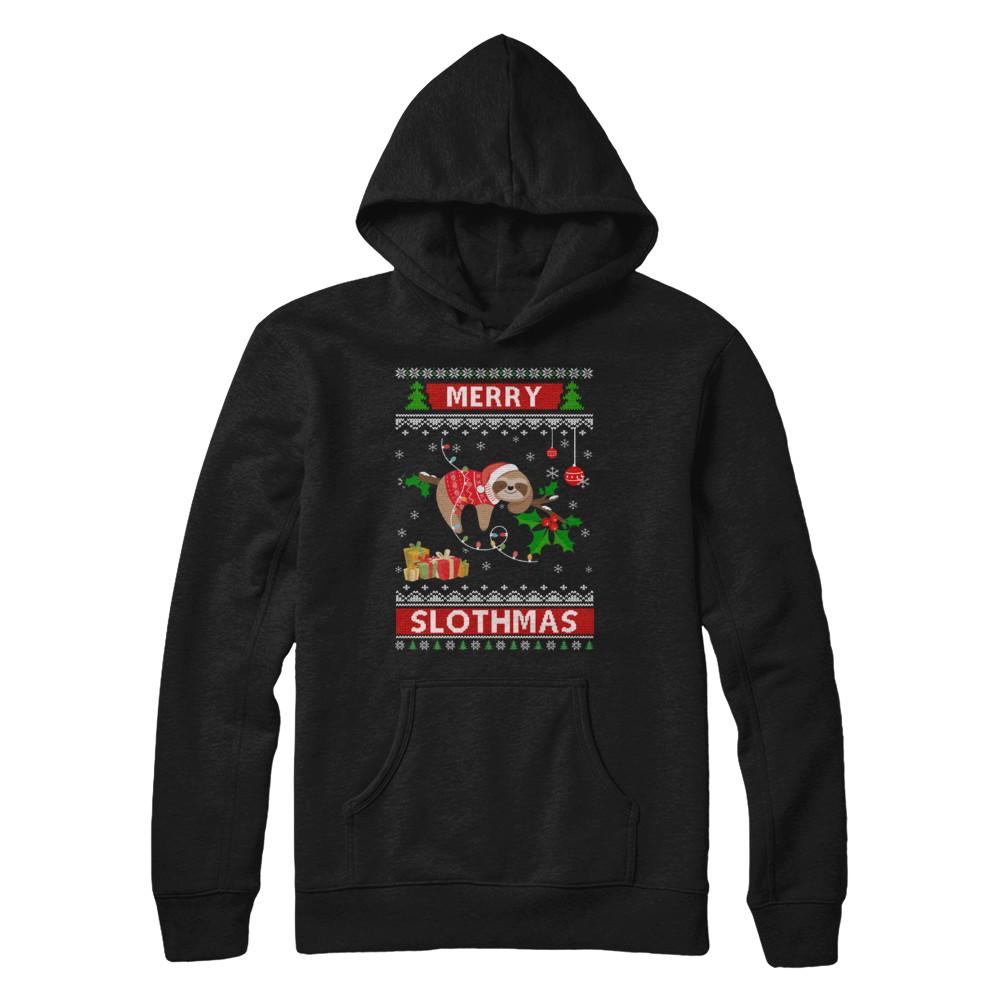 Merry Slothmas Funny Sloth Ugly Christmas Sweater-T-Shirt & Sweatshirt-Pullover Hoodie-Black