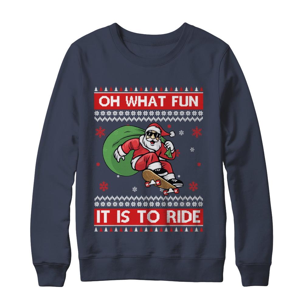 Oh What Fun It Is To Ride Skateboard Christmas Sweater-T-Shirt & Sweatshirt-Crewneck Sweatshirt-Navy