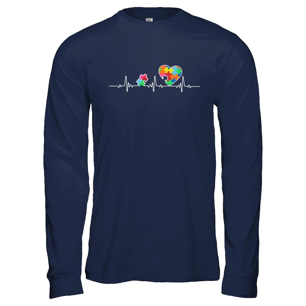 Autism Puzzle Heartbeat Autism Awareness-T-Shirt & Hoodie-Long Sleeve T-Shirt-Navy