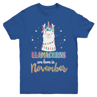 Llama Unicorn Llamacorns Born In November Birthday Gift Youth-Youth Shirt-Youth T-Shirt-Royal