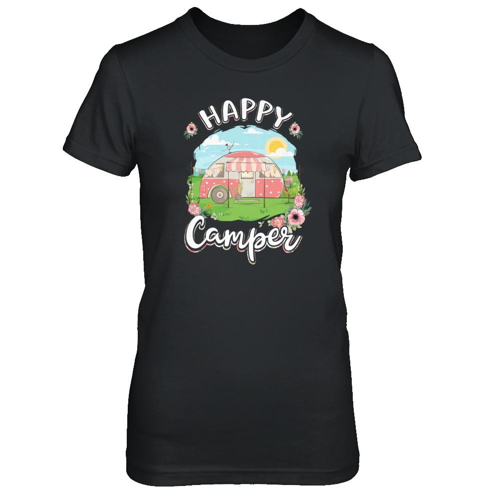 Happy Camper Flower Funny Camping Girl Gifts-T-Shirt & Tank Top-Women's T-Shirt-Black