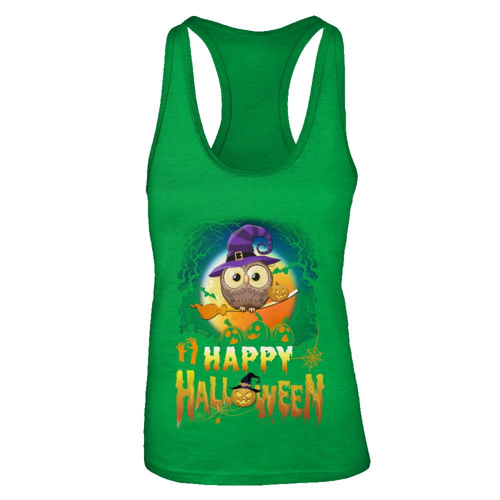 Happy Halloween Owl Witch-T-Shirt & Tank Top-Women's Ideal Racerback Tank-Kelly Green
