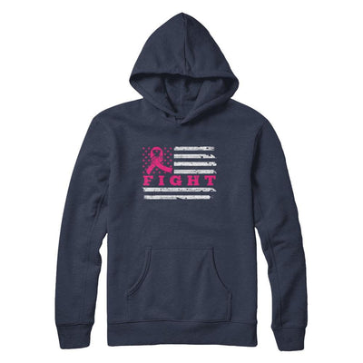 Fight Pink Ribbon US Flag Breast Cancer Awareness-T-Shirt & Hoodie-Pullover Hoodie-Navy