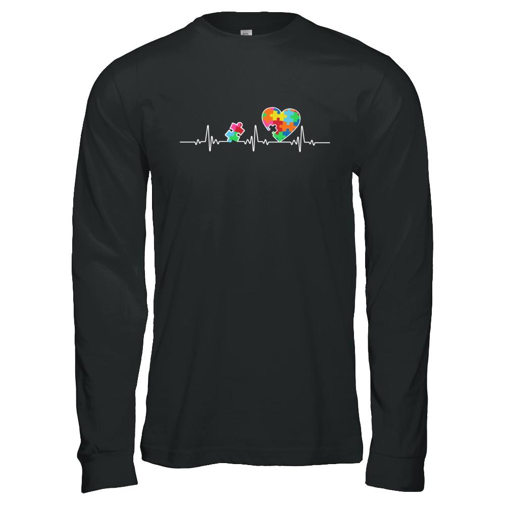 Autism Puzzle Heartbeat Autism Awareness-T-Shirt & Hoodie-Long Sleeve T-Shirt-Black