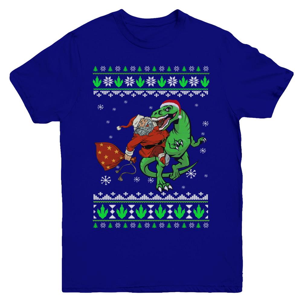 Santa Riding Dinosaur T-Rex Ugly Christmas Sweater Youth-Youth Shirt-Youth T-Shirt-Navy