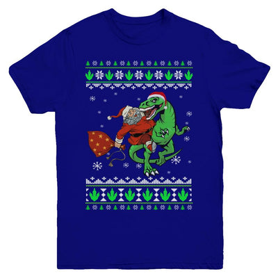 Santa Riding Dinosaur T-Rex Ugly Christmas Sweater Youth-Youth Shirt-Youth T-Shirt-Navy