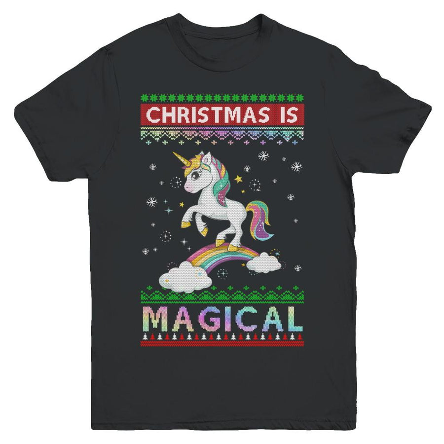 Christmas Is Magical Unicorn Ugly Christmas Sweater Youth-Youth Shirt-Youth T-Shirt-Black
