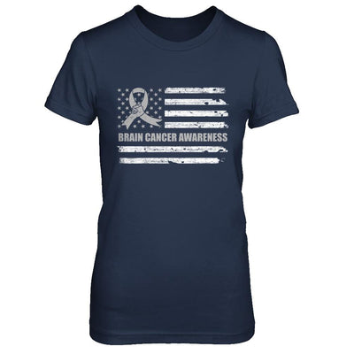 Gray Ribbon Brain Cancer Awareness US Flag-T-Shirt & Hoodie-Women's T-Shirt-Navy