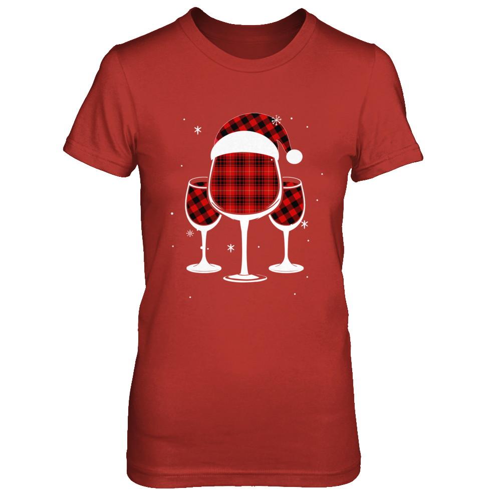 Red Plaid Buffalo Wine Santa Hat Christmas-T-Shirt & Sweatshirt-Women's T-Shirt-Red
