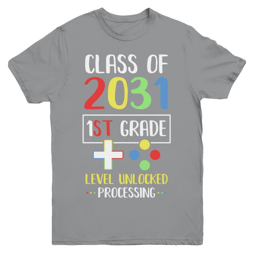 Class Of 2031 1st Grade Level Unlock Gaming Back Go School Youth-Youth Shirt-Youth T-Shirt-Sport Grey
