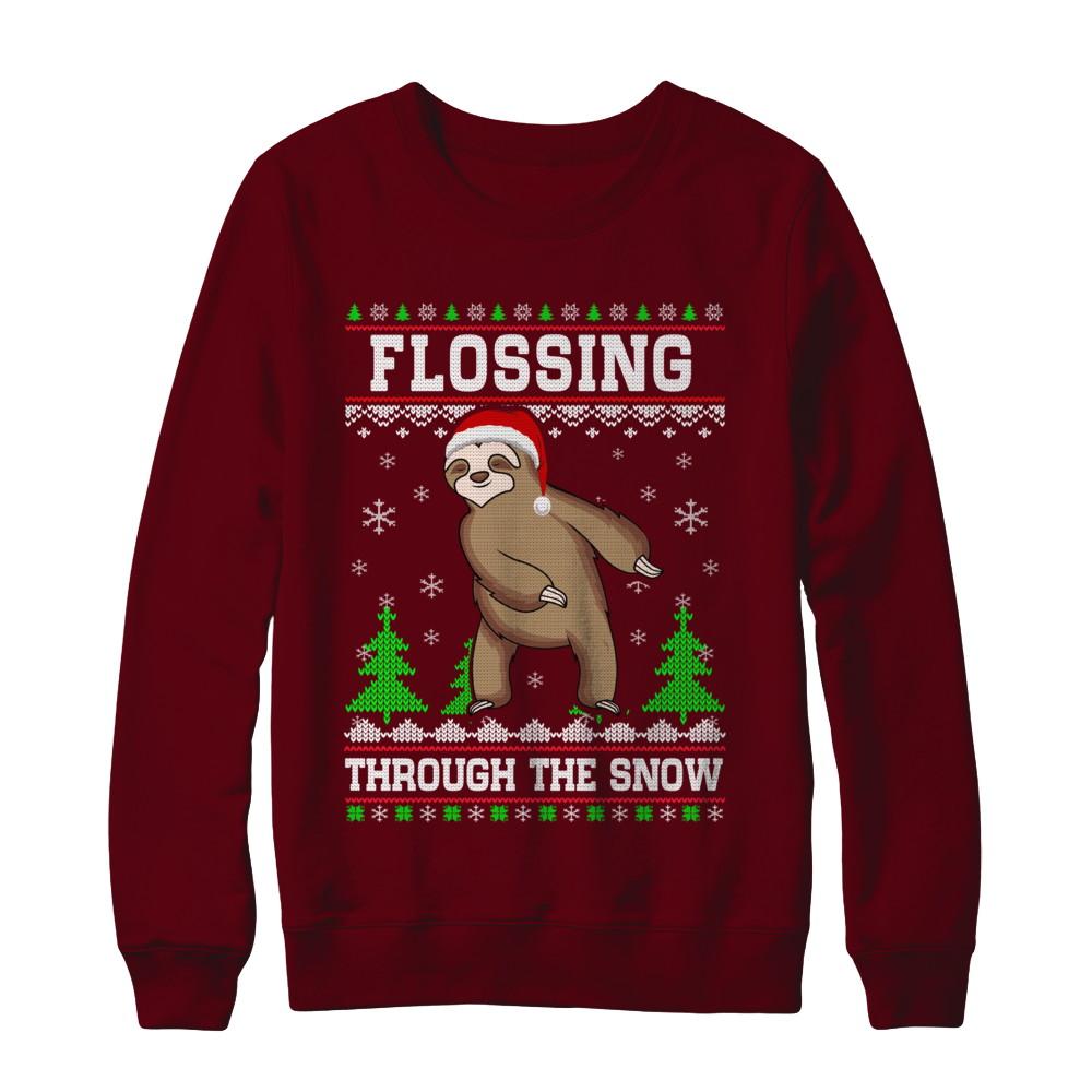 Funny Flossing Sloth Ugly Christmas Sweater Flossin'-T-Shirt & Sweatshirt-Crewneck Sweatshirt-Maroon