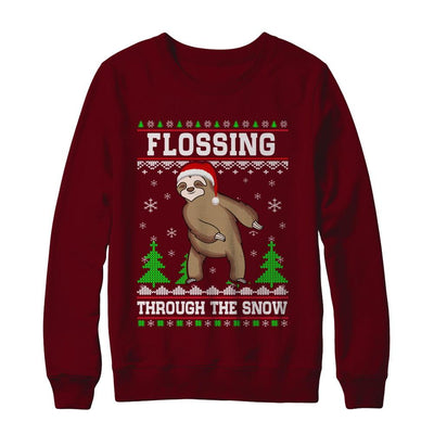 Funny Flossing Sloth Ugly Christmas Sweater Flossin'-T-Shirt & Sweatshirt-Crewneck Sweatshirt-Maroon