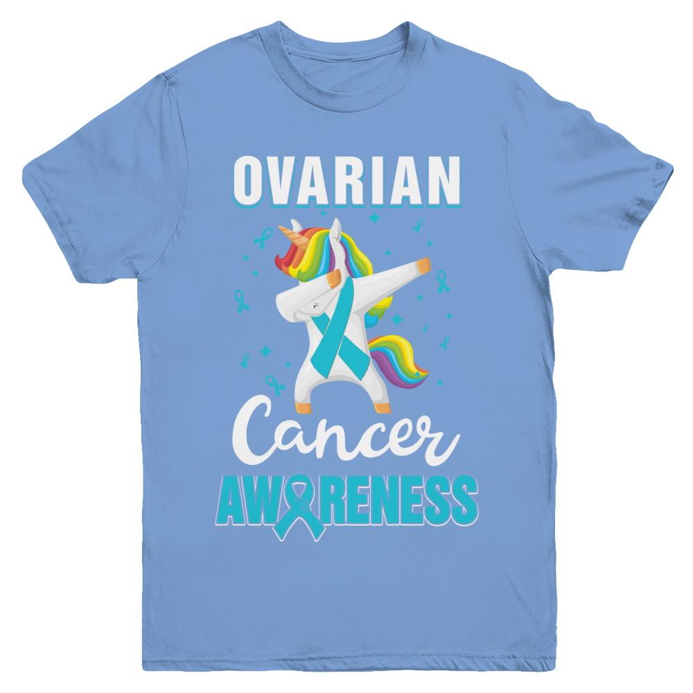 Inspirational Ovarian Cancer Awareness Unicorn Support Youth-Youth Shirt-Youth T-Shirt-Carolina Blue