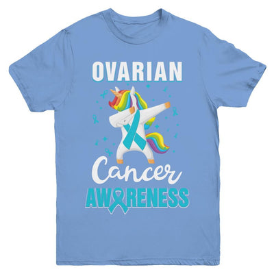 Inspirational Ovarian Cancer Awareness Unicorn Support Youth-Youth Shirt-Youth T-Shirt-Carolina Blue