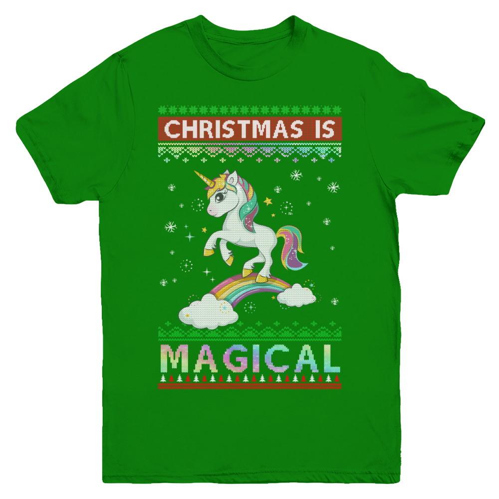 Christmas Is Magical Unicorn Ugly Christmas Sweater Youth-Youth Shirt-Youth T-Shirt-Irish Green