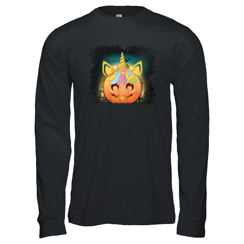 Kids Girls Unicorn Pumpkin Queen Halloween-T-Shirt & Tank Top-Long Sleeve T-Shirt-Black