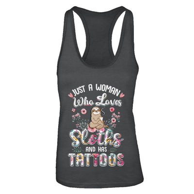 Just A Woman Who Loves Sloths And Has Tattoos-T-Shirt & Tank Top-Women's Ideal Racerback Tank-Black