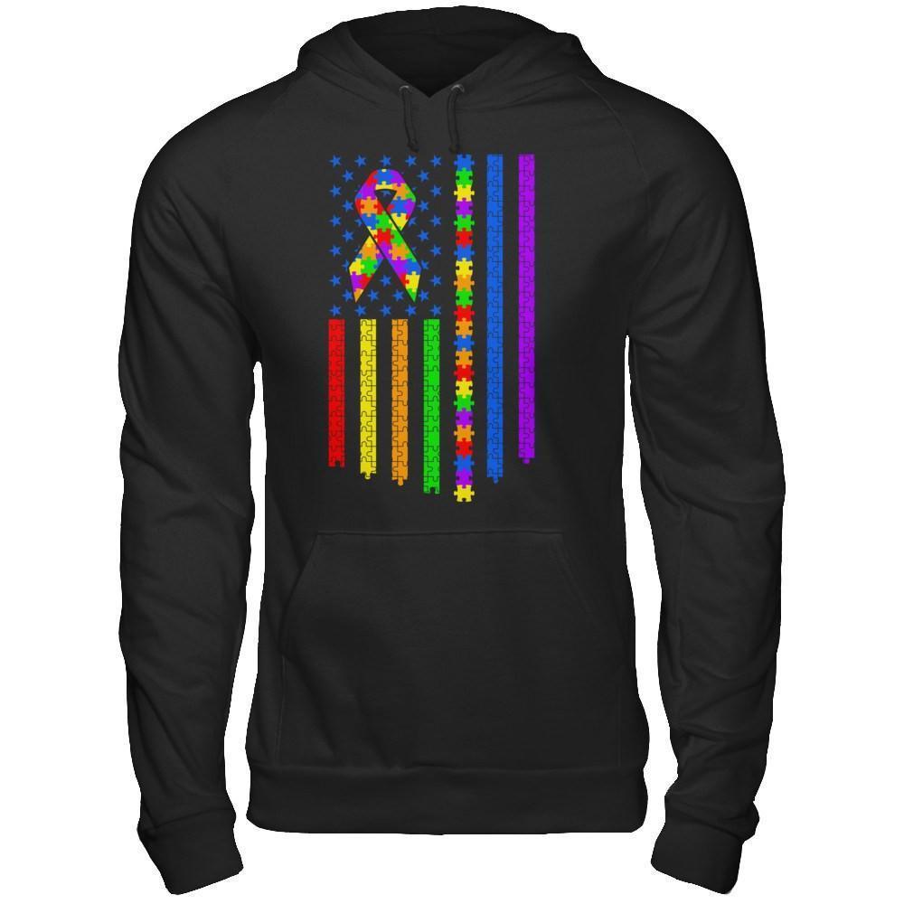 Autism Awarenes American Flag-T-Shirt & Hoodie-Pullover Hoodie-Black