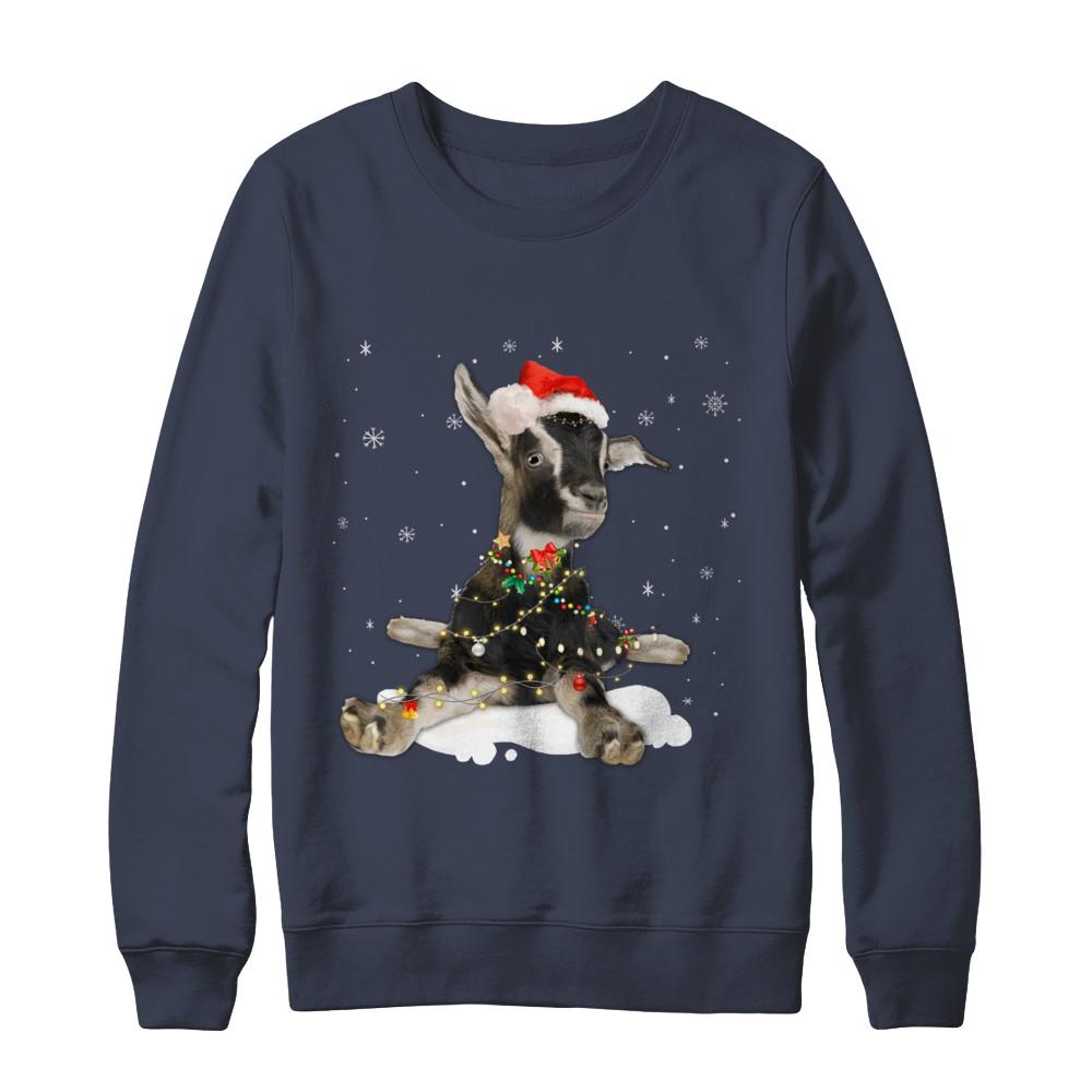 Goat With Santa Hat Lights Christmas-T-Shirt & Sweatshirt-Crewneck Sweatshirt-Navy